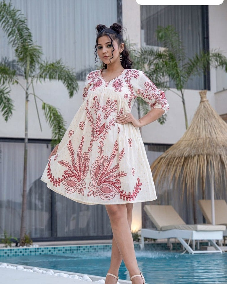 Floral Embroidered Puff Sleeve Empire Dress
