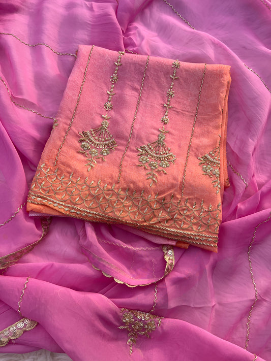 Lightweight pure organza two-tone suit with a graceful drape and festive appeal