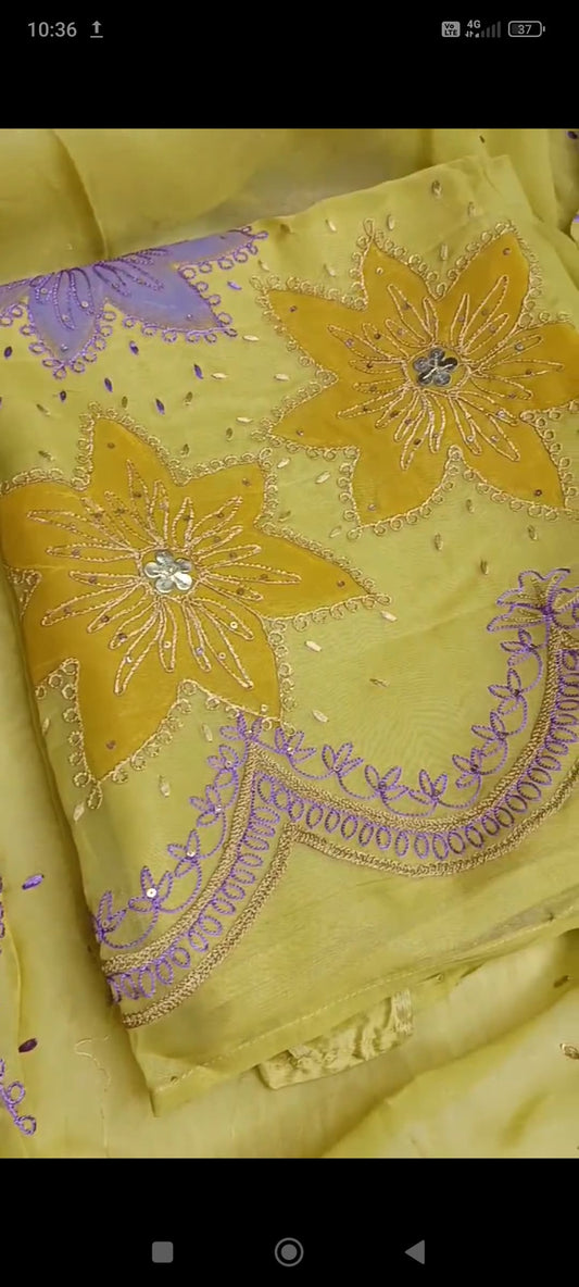 Unstitched organza dress material showcasing artisanal hand embroidery and subtle sheen