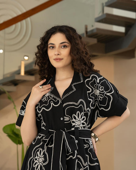 Casual Day Look Featuring Black Printed Flared Dress With Shirt Collar And Half Sleeves