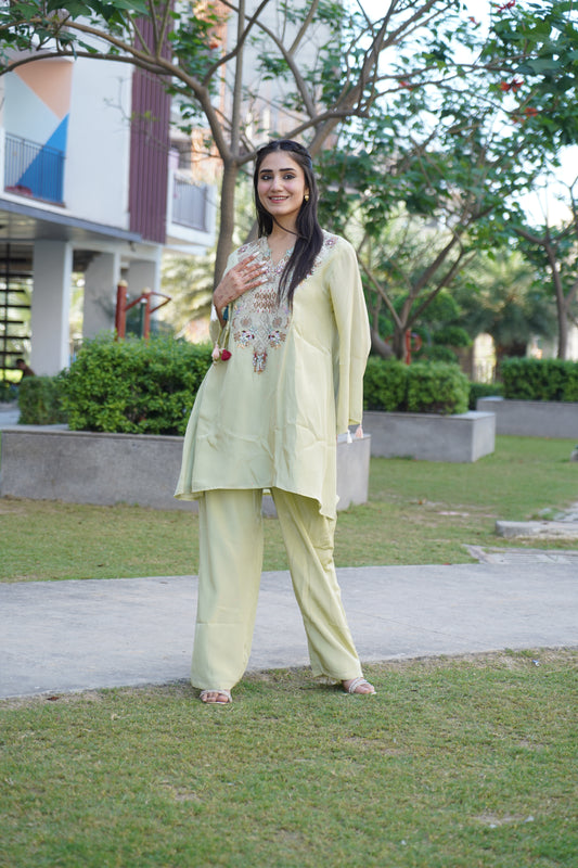 Chic embroidery work coord set with modern appeal.