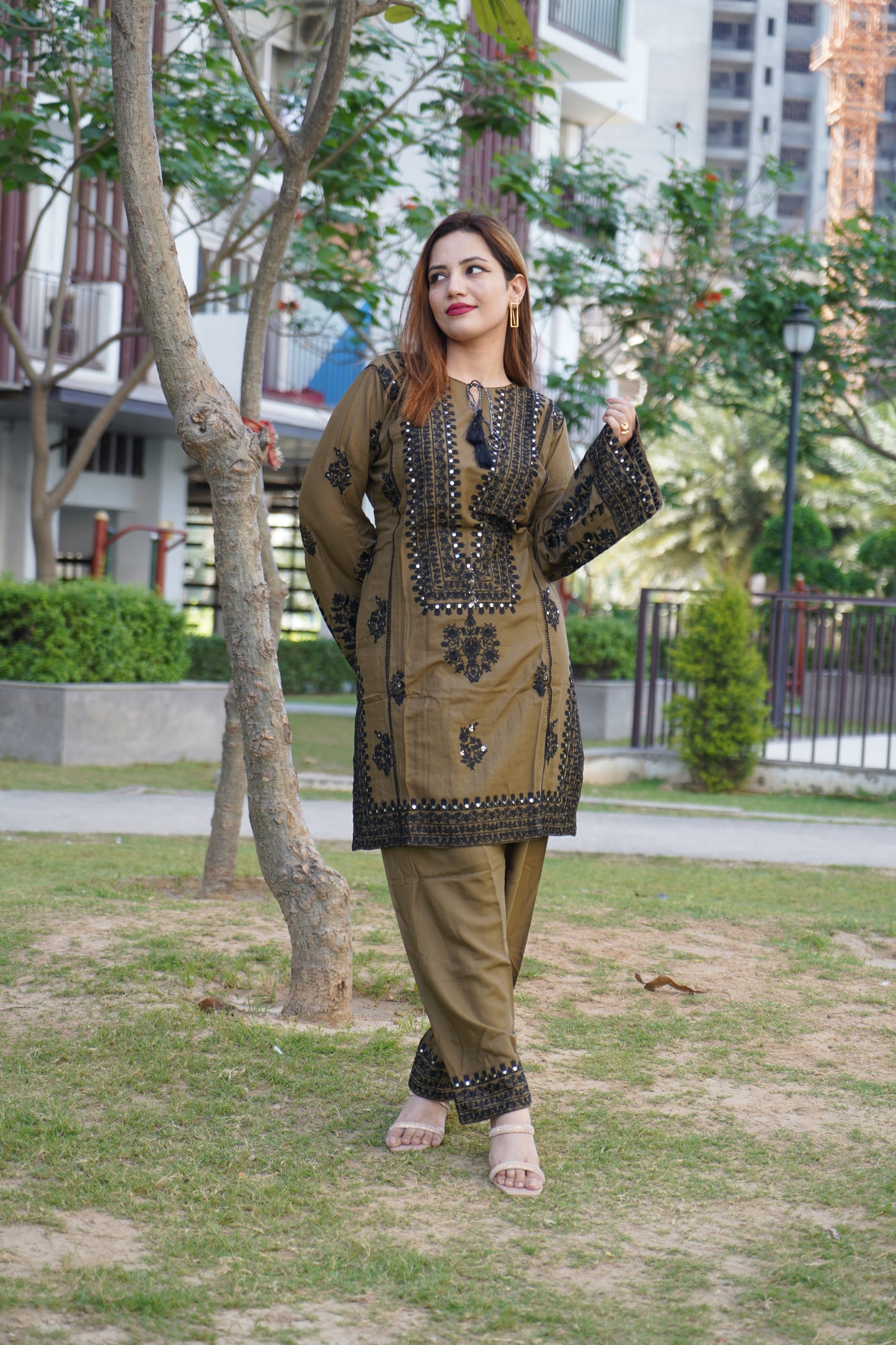 Chic olive green co-ord set perfect for casual outings.