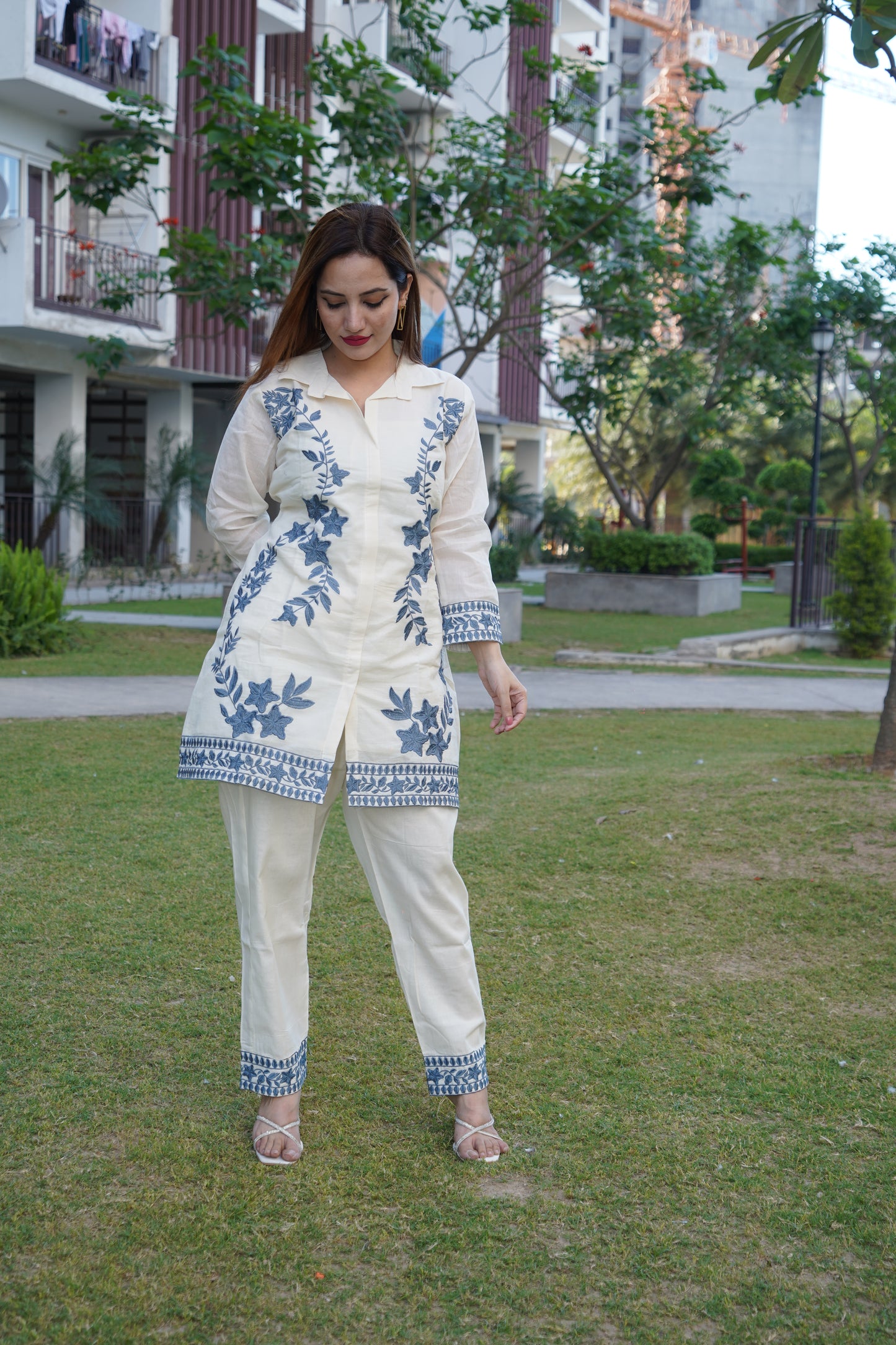 Chic white and grey cord set crafted with aari embroidery