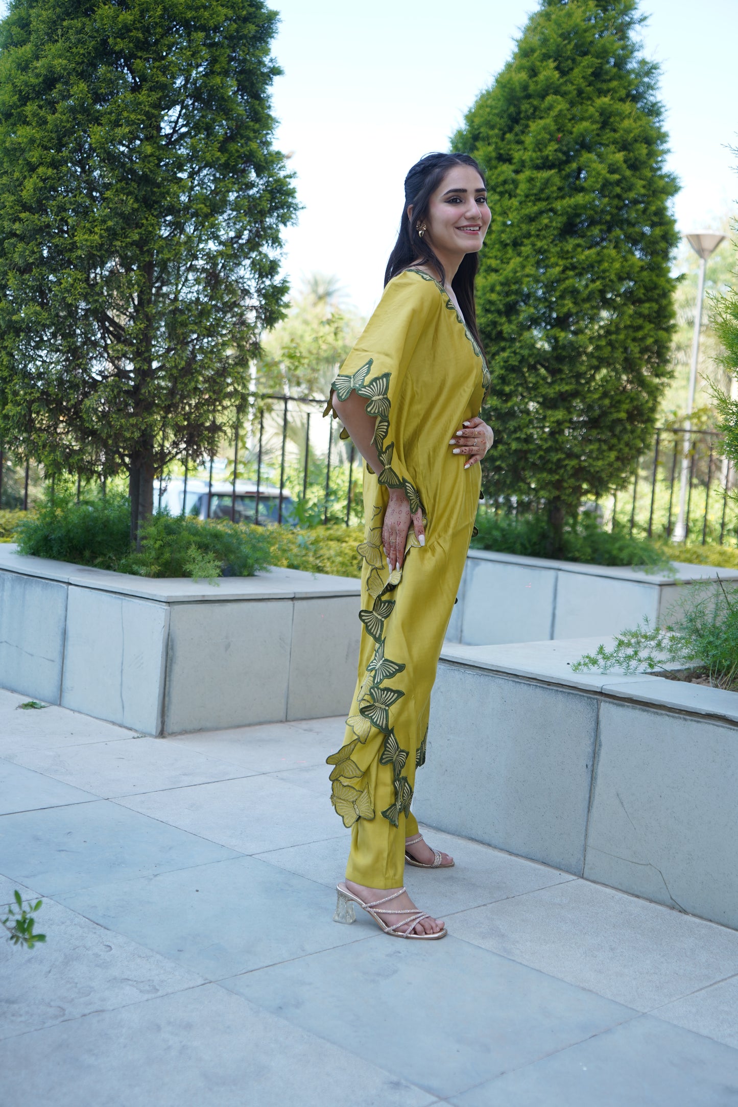 Classic satin kaftan coord set with lace embellishment.