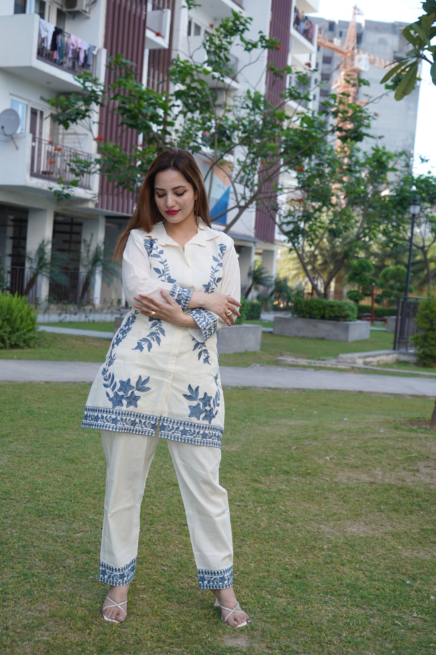 Classic white grey cord set with traditional aari embroidery