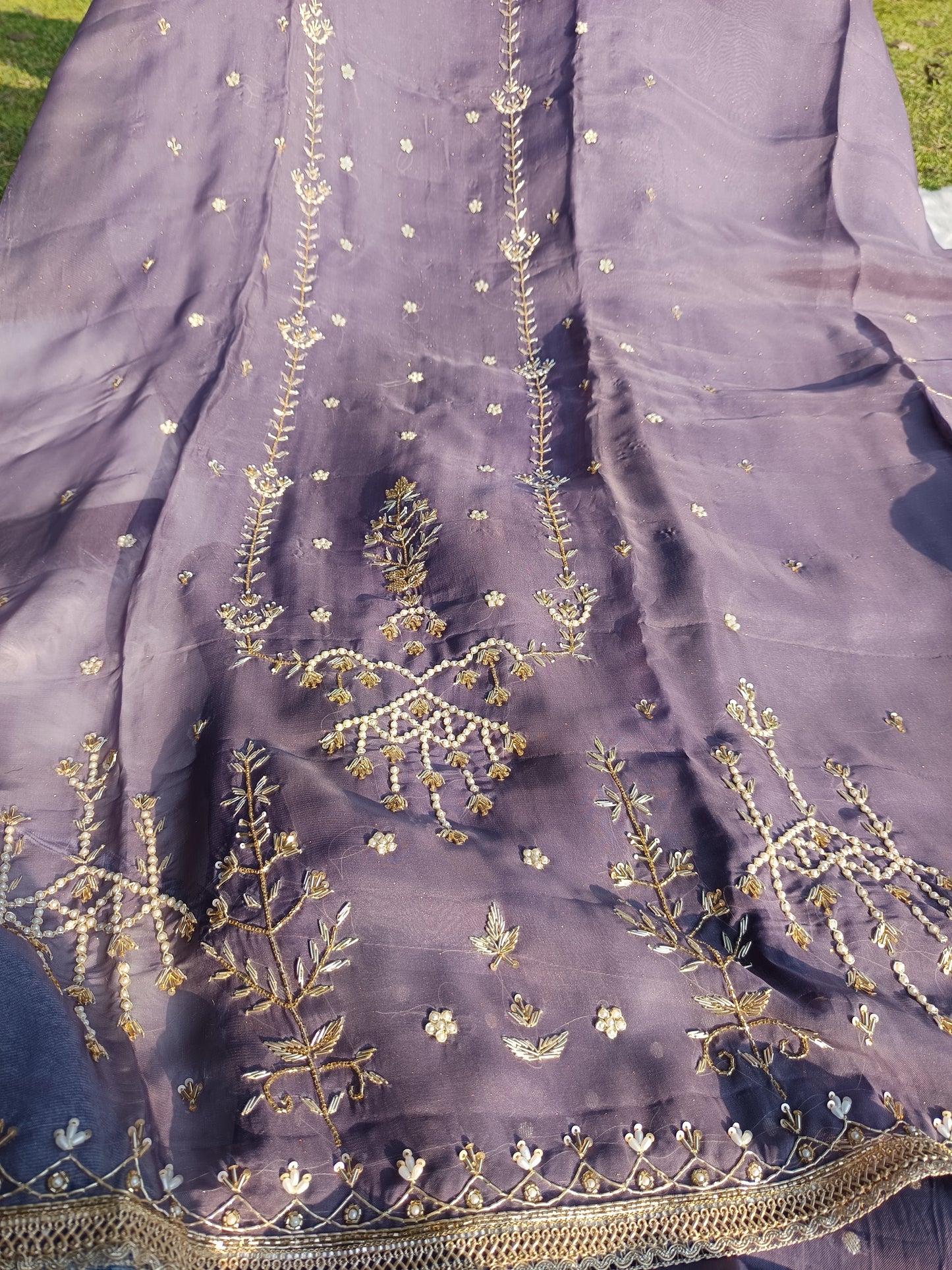 Full look of the Shimmer Organza Handwork Suit with matching bottom and dupatta.