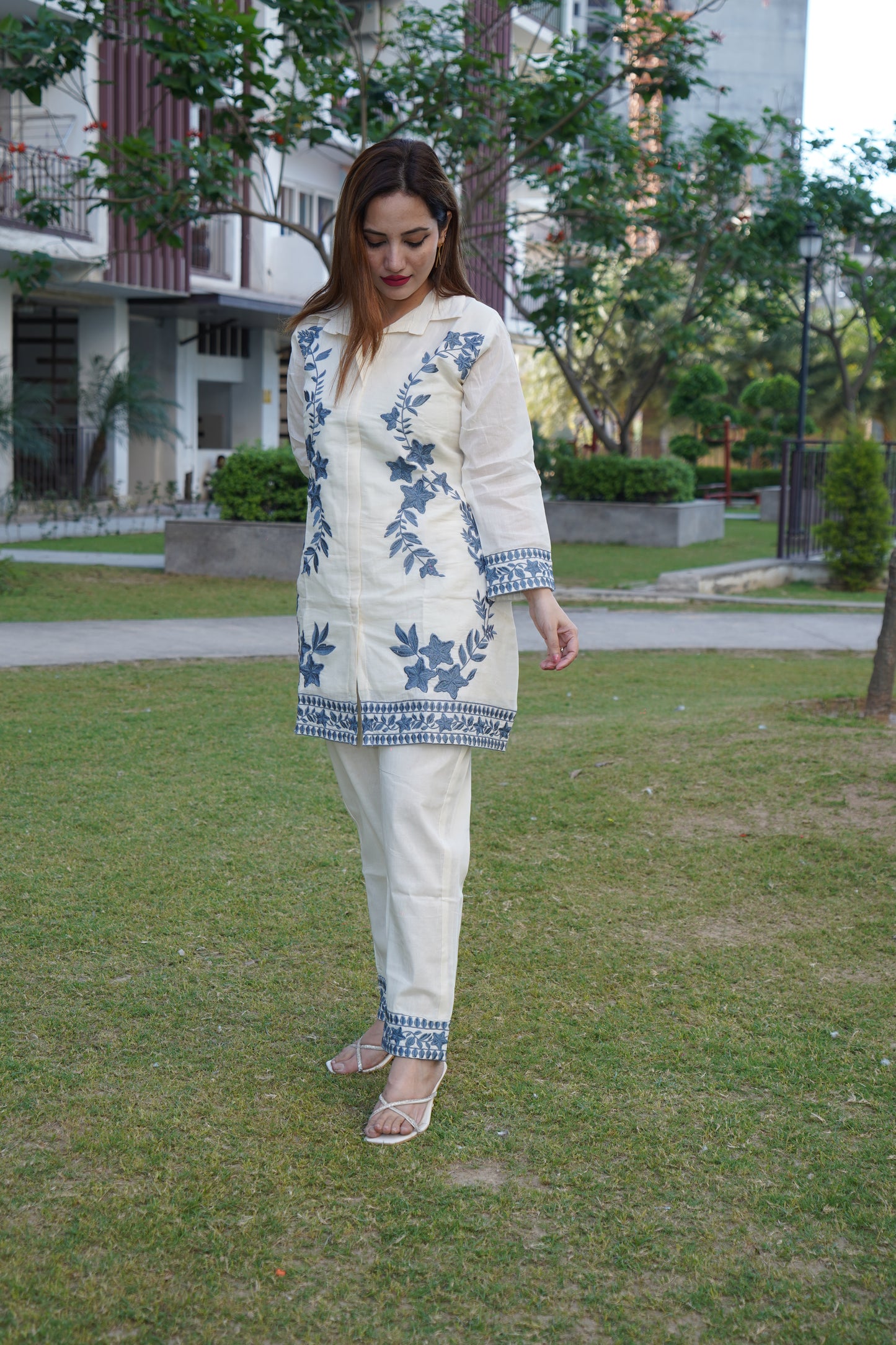 Contemporary white and grey cord set with elegant aari work