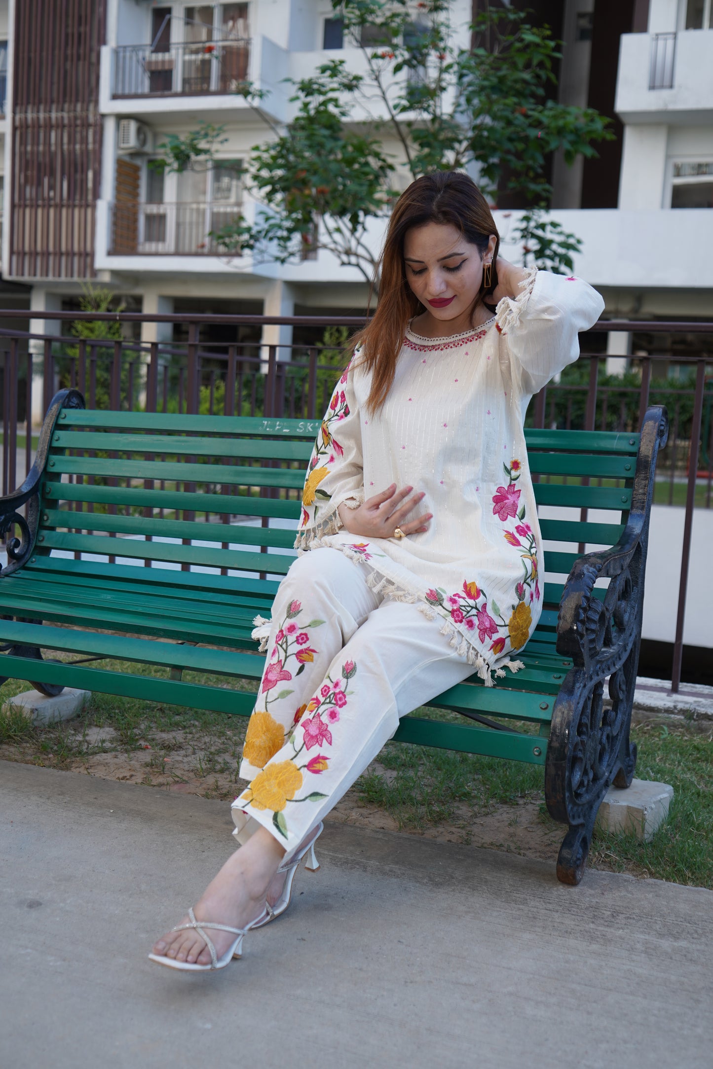 Off-White Floral Embroidered Coord Set