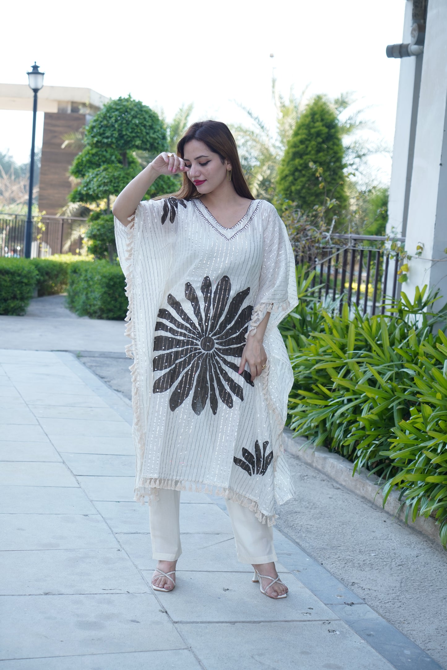 Lurex Striped Floral Printed Embroidered Kaftan Kurta with Pant