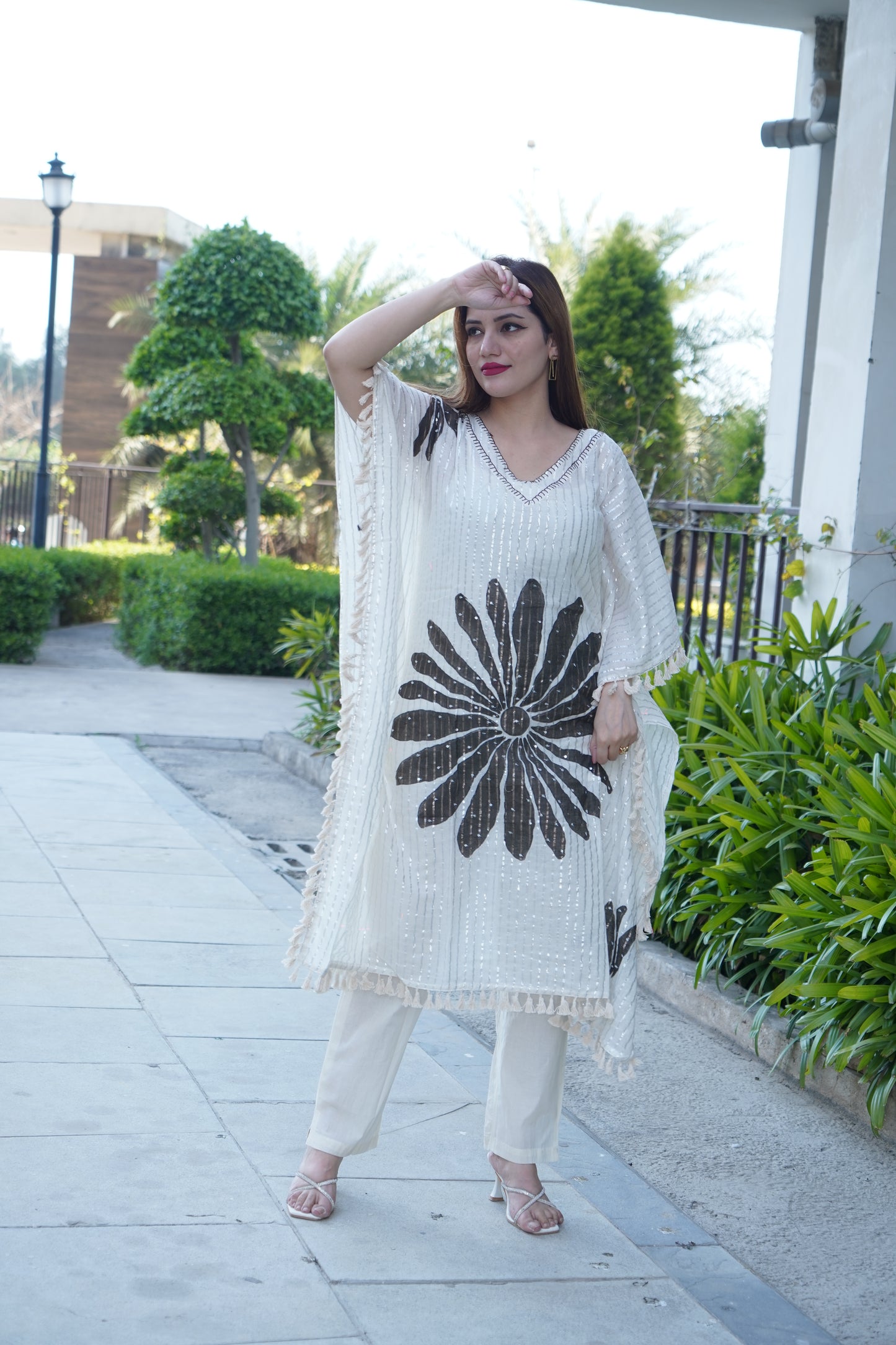 Lurex Striped Floral Printed Embroidered Kaftan Kurta with Pant