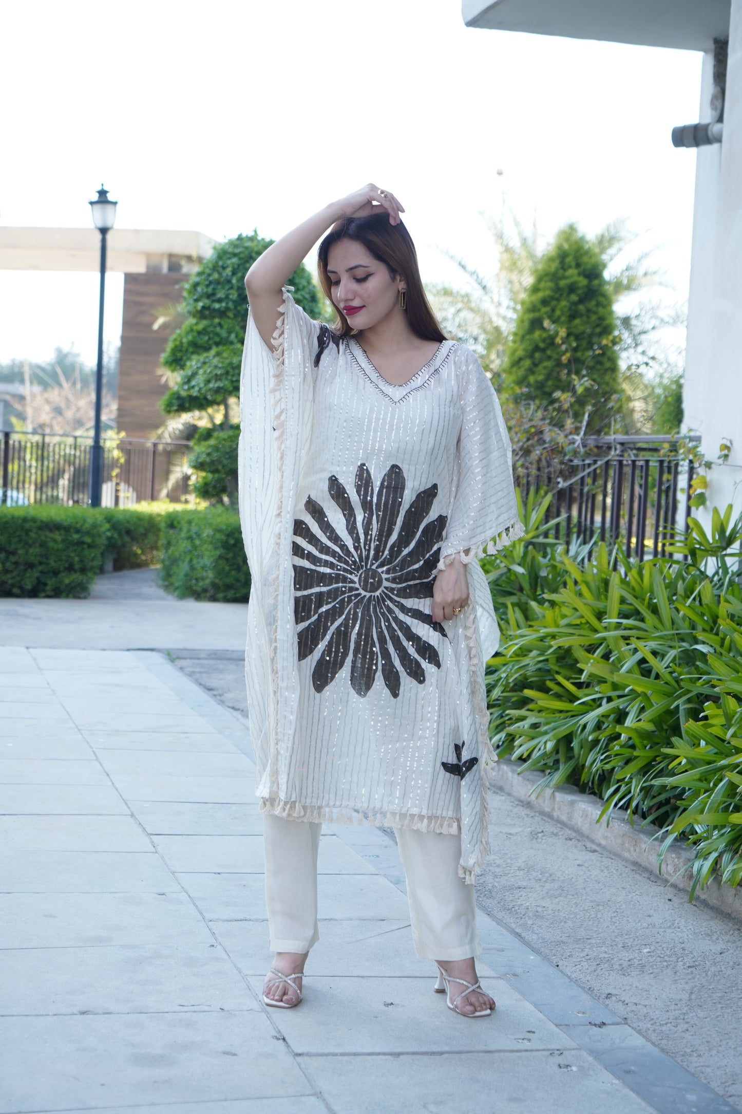 Lurex Striped Floral Printed Embroidered Kaftan Kurta with Pant