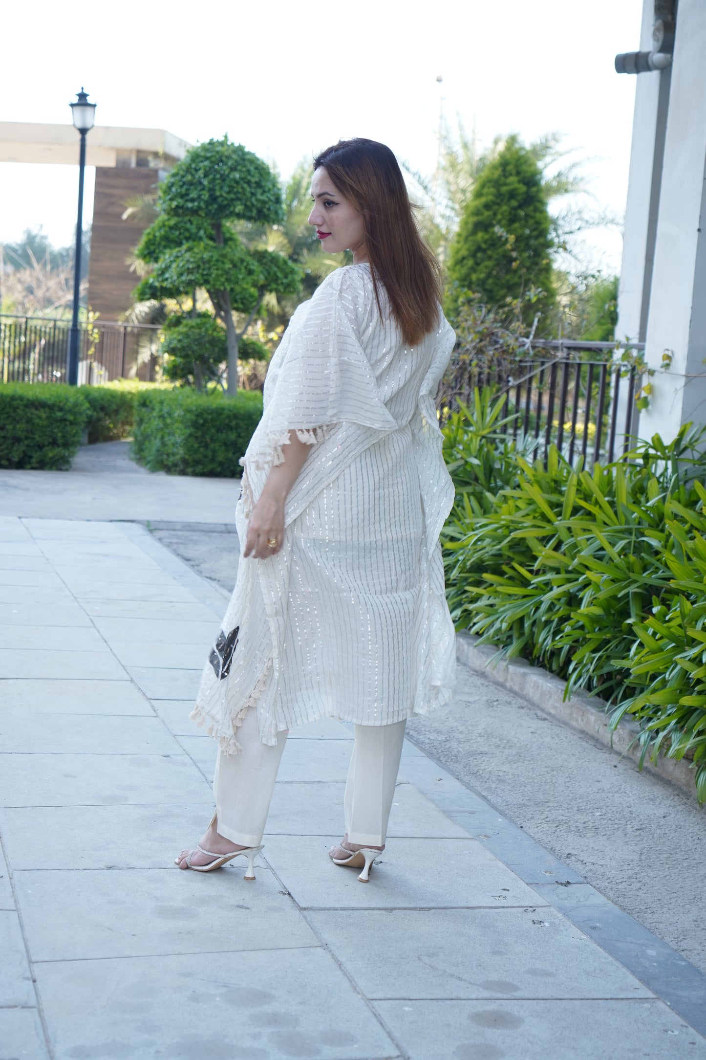 Lurex Striped Floral Printed Embroidered Kaftan Kurta with Pant