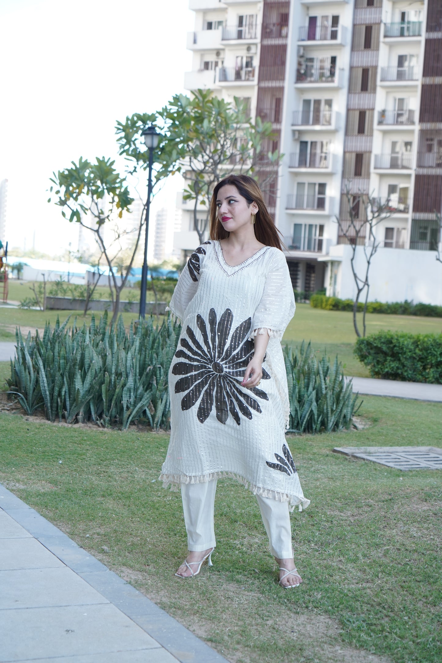 Lurex Striped Floral Printed Embroidered Kaftan Kurta with Pant