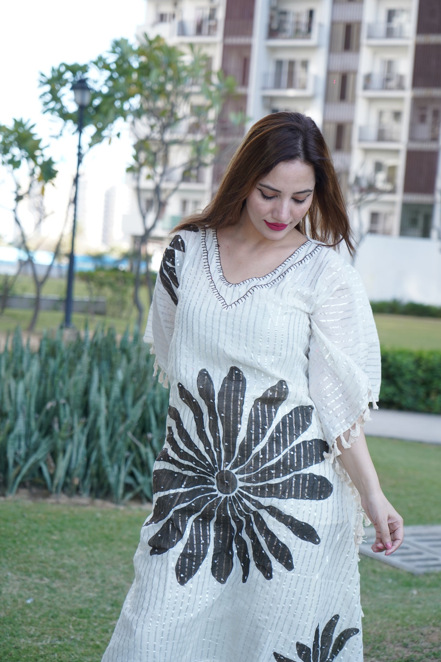Lurex Striped Floral Printed Embroidered Kaftan Kurta with Pant