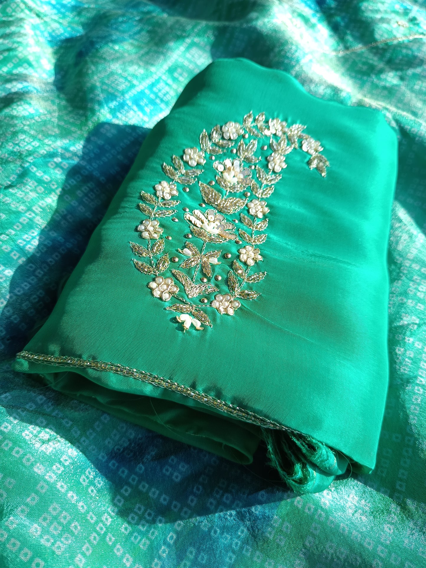 Artistic hand embroidery enhancing the beauty of organza silk suit