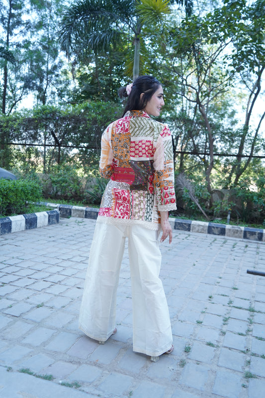 Designer pure cotton kurta with multi motif prints and trouser.