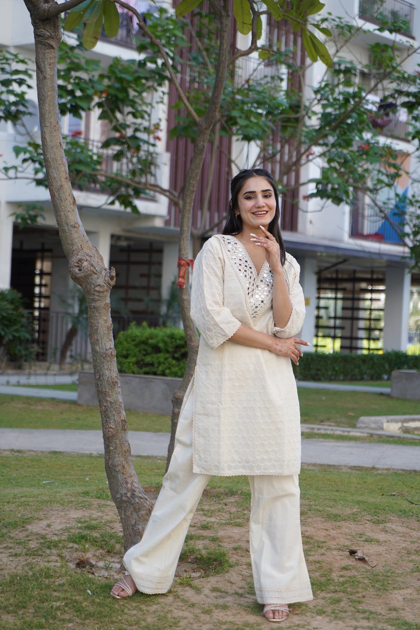 Designer off-white kurta set with silver striped Chanderi fabric