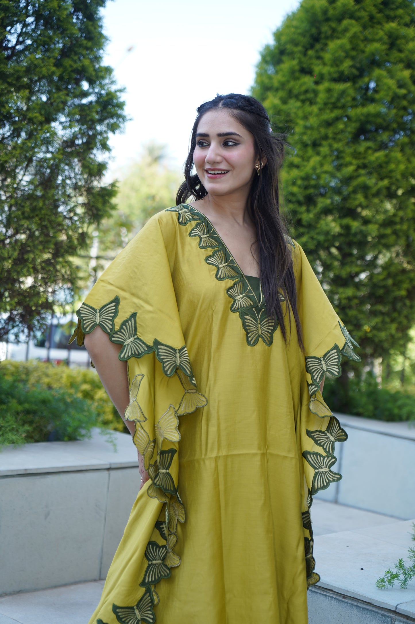 Designer satin kaftan coord set enhanced with lace detailing.
