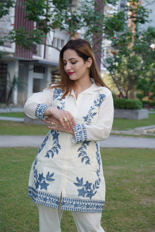 Designer white and grey cord set with intricate aari embroidery