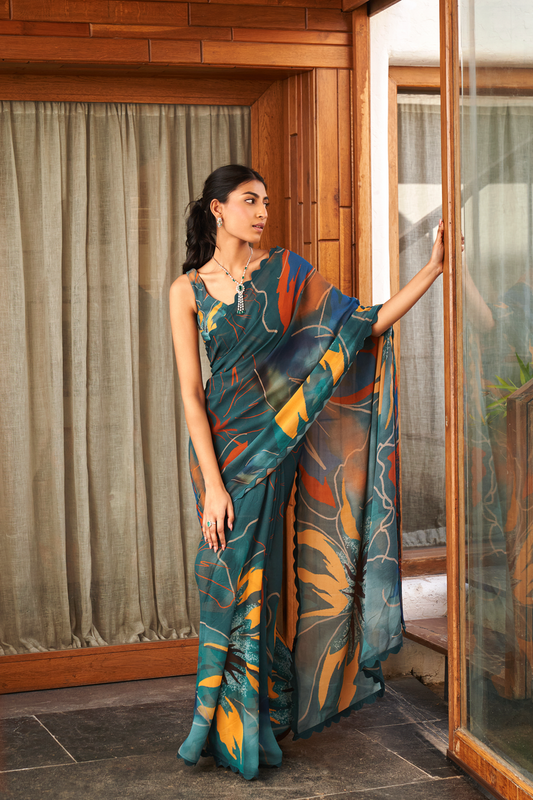 Elegant Designer Teal Blue Multicolor Printed Moss Saree