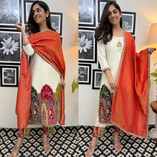 Elegant embroidered kurta pants set with colorful Bandhani silk dupatta