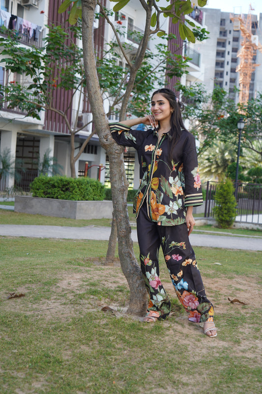 Elegant muslin digital print black co-ord set with modern design