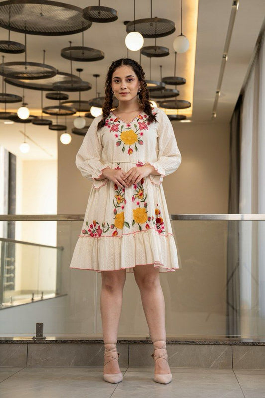 Elegant Hemal Marigold embroidered cotton dress with intricate detailing