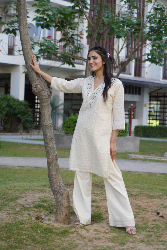 Elegant Noor off-white silver striped Chanderi kurta set