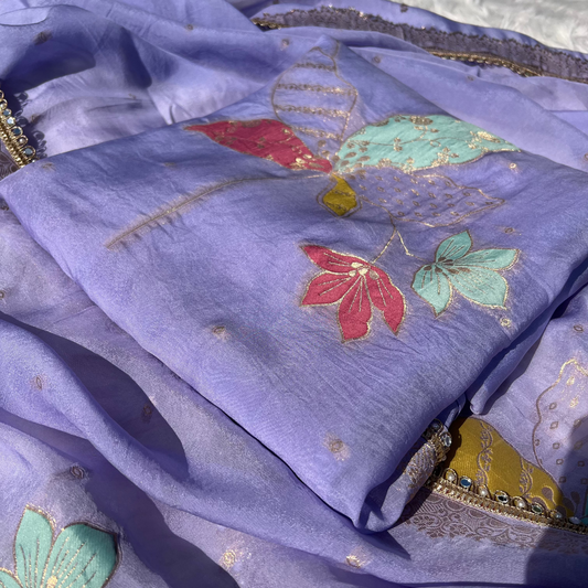 Elegant purple organza silk suit with soft sheen and handcrafted embroidery