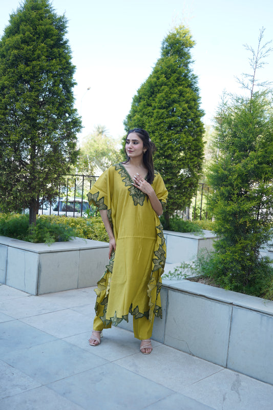 Elegant satin kaftan style coord set with lace patchwork