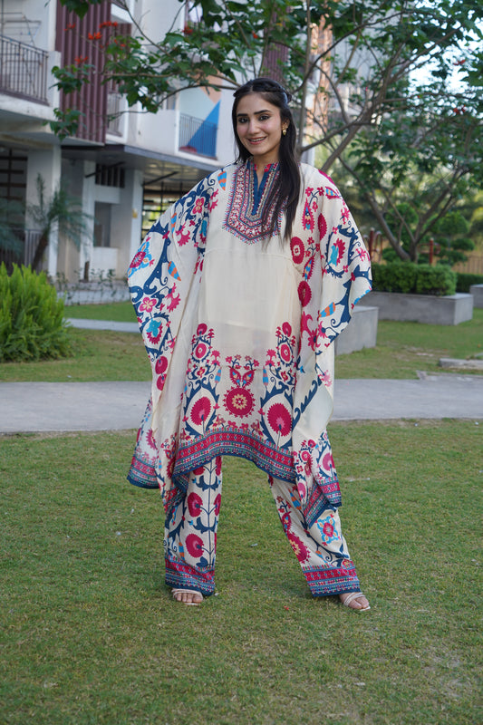 Elegant white floral embroidered straight coord set with fine detailing