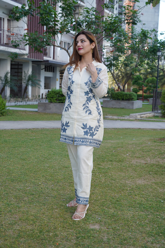 Elegant white and grey cord set with fine aari embroidery