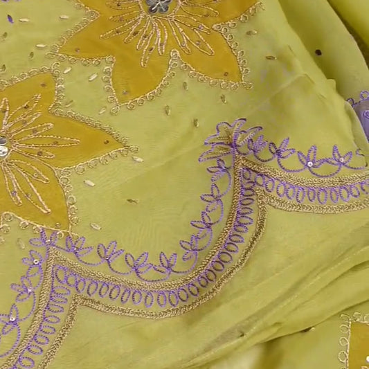 Elegant organza suit featuring intricate hand embroidery in a soft, graceful silhouette