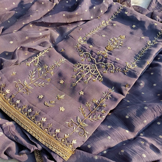 Shimmer Organza Handwork Suit featuring a graceful silhouette and subtle shimmer for a festive look.