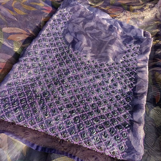 Elegant tissue silk suit with intricate hand embroidery on the neckline