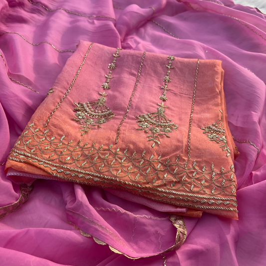 Ethereal elegance double tone organza suit with delicate detailing and soft pastel hues