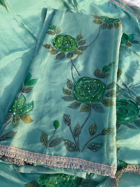 Ethereal tissue silk suit adorned with subtle paint strokes and a refined ethnic silhouette