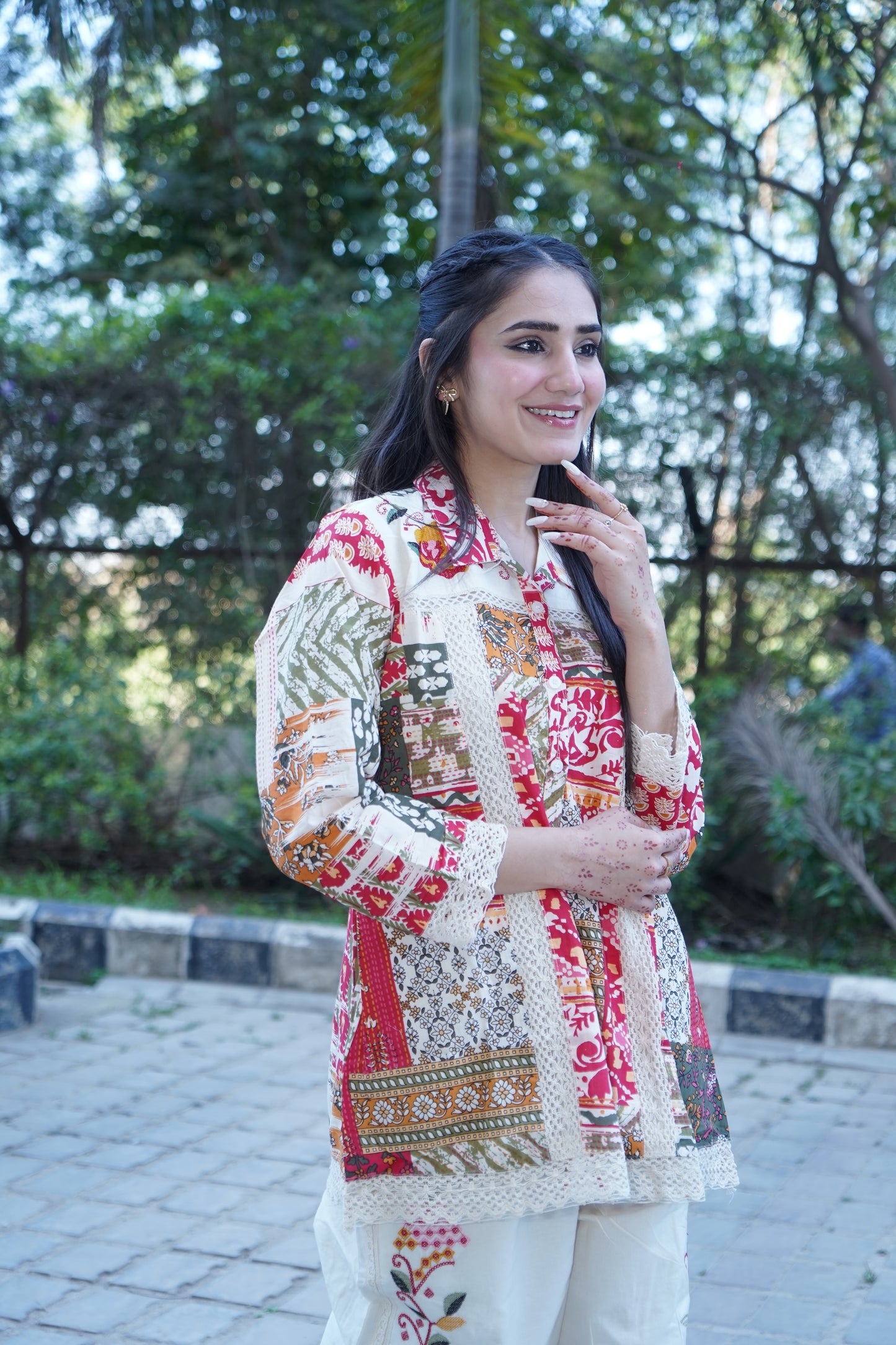 Festive printed cotton kurta paired with stylish trouser.