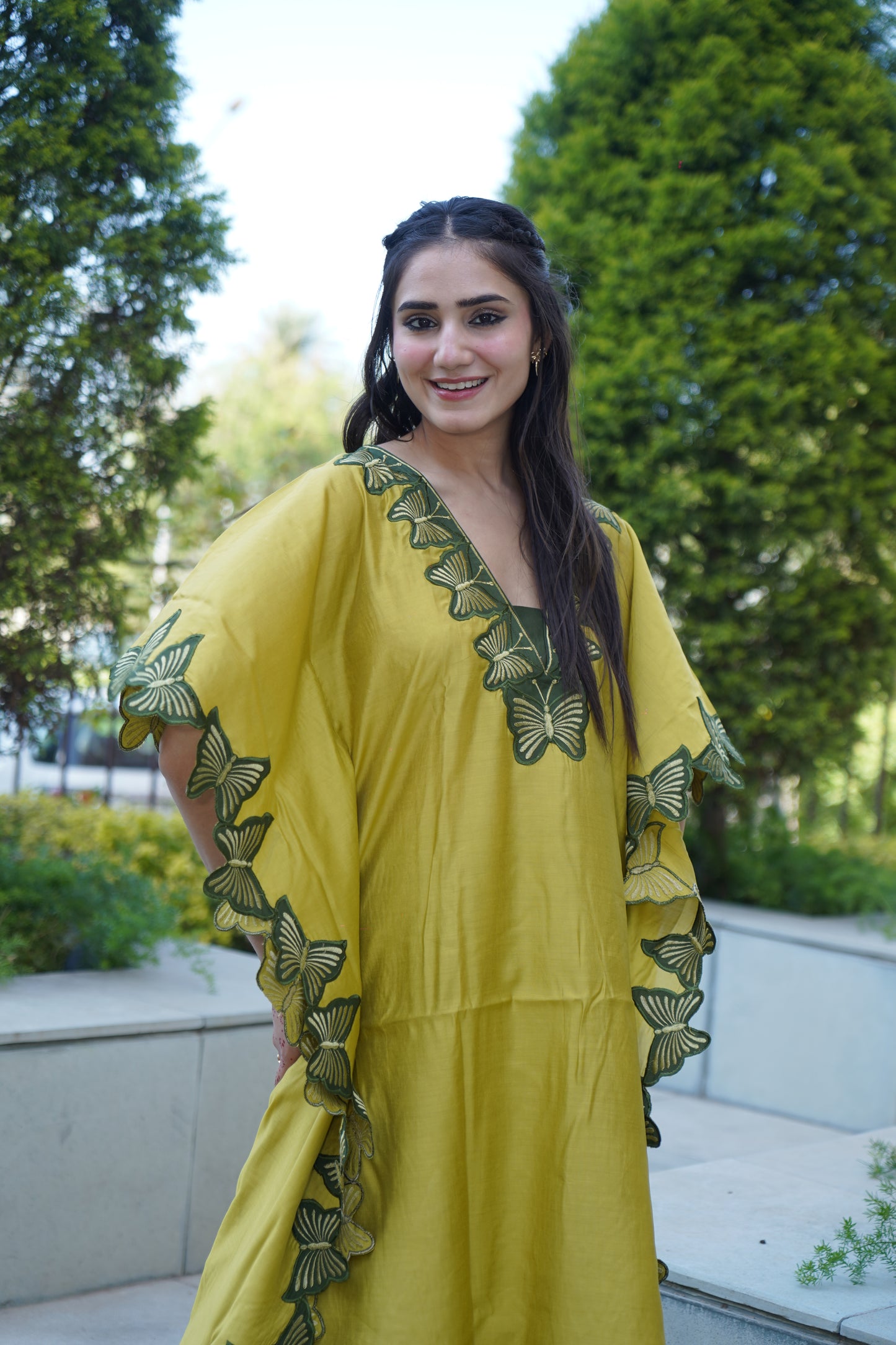 Festive satin kaftan style coord set with lace embellishment.