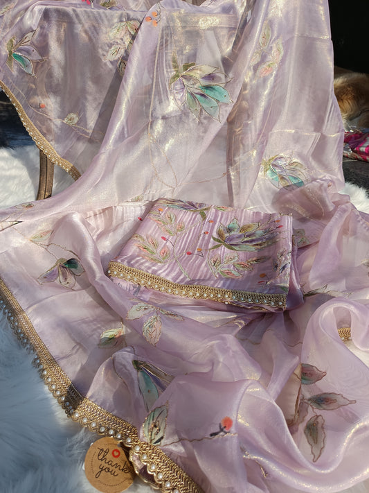 Soft Mulmul Chanderi suit adorned with artistic handpainted floral motifs.