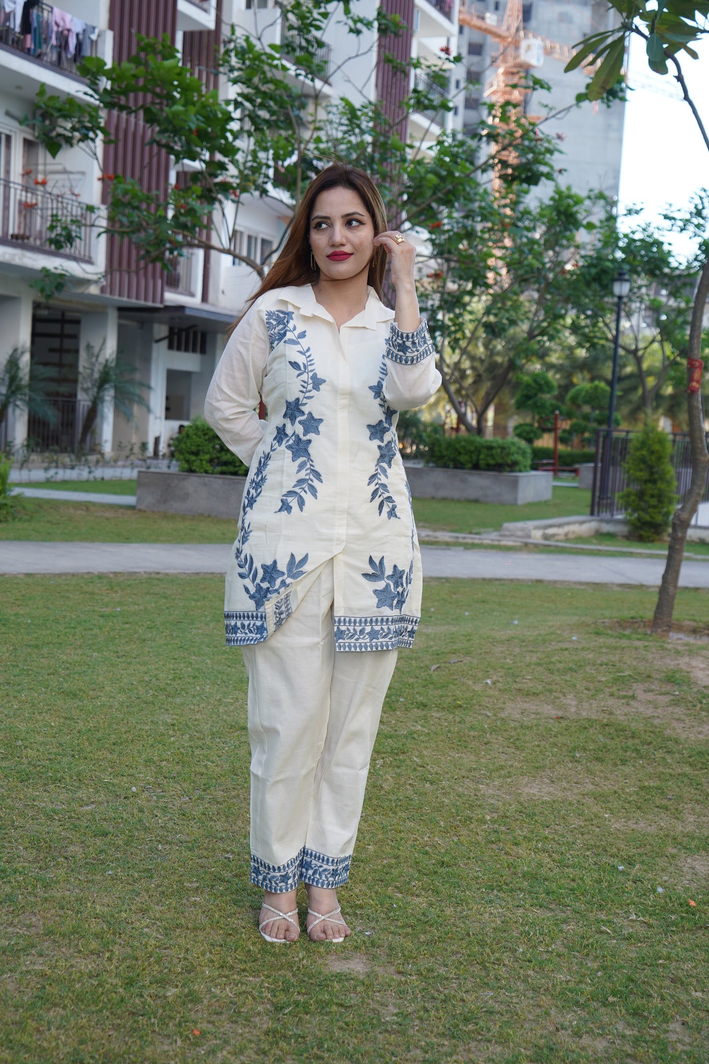 Graceful white with grey cord set featuring aari threadwork