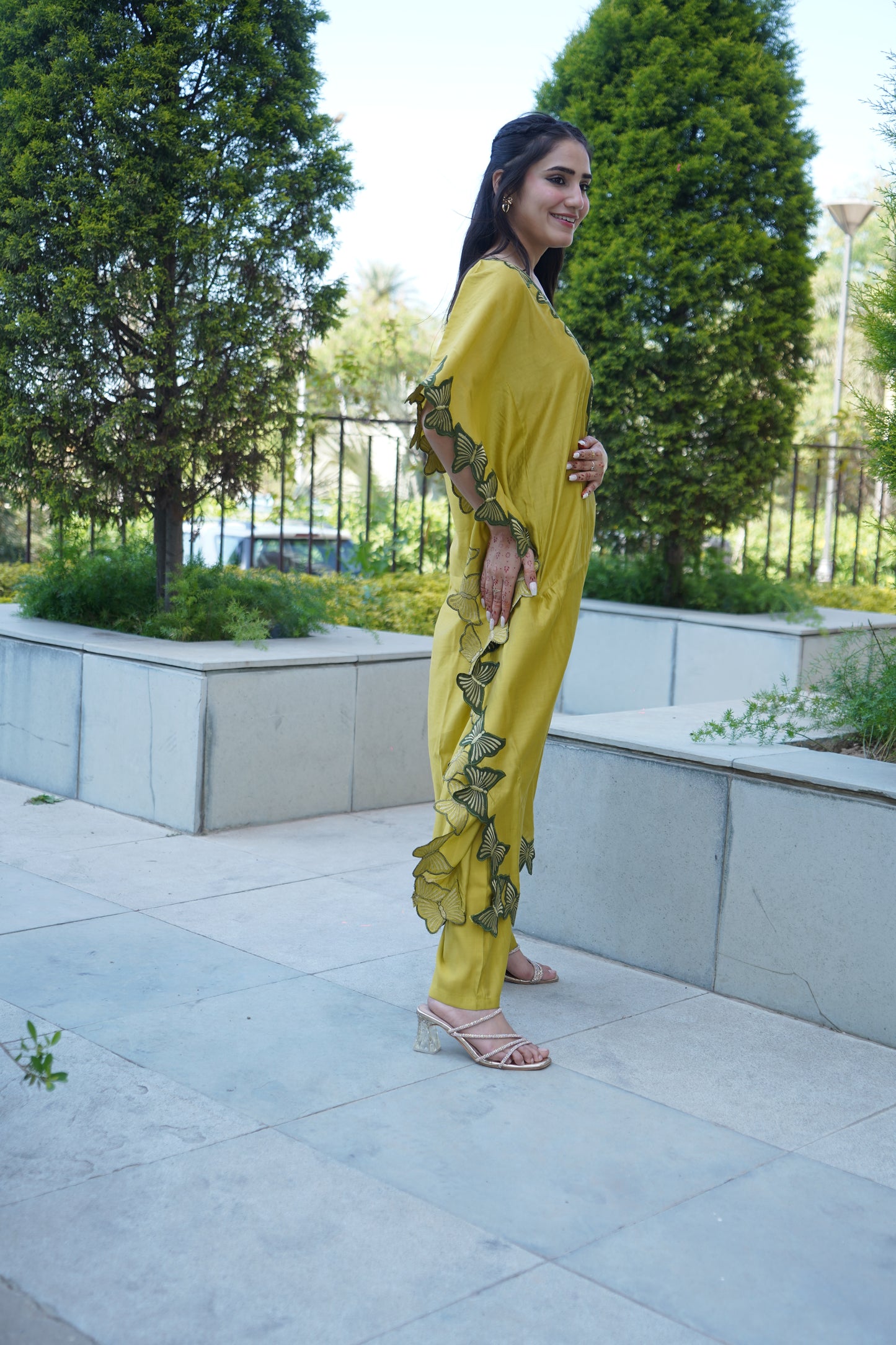 Graceful satin kaftan style coord set with fine lace.