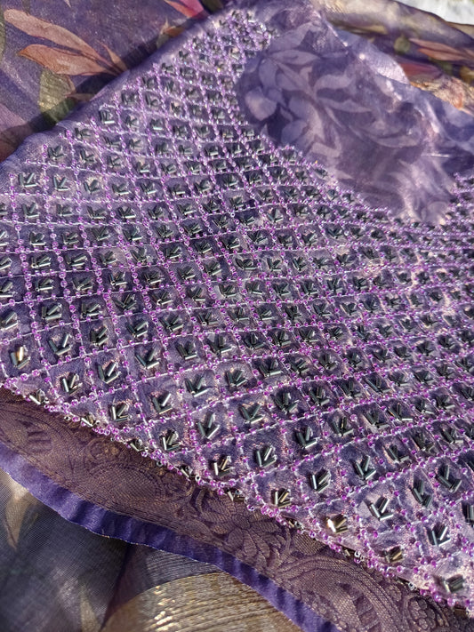 Graceful three-piece tissue silk handwork suit with dupatta