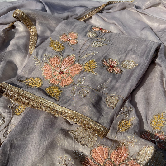 Elegant grey organza silk suit front view with graceful fall and shimmer finish