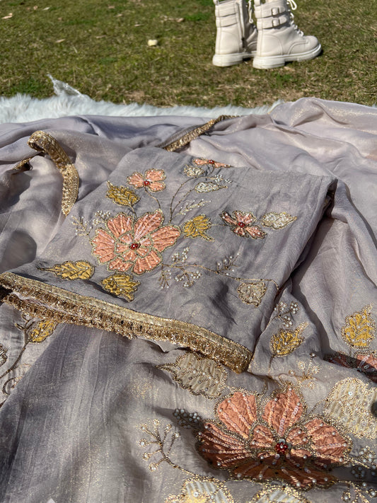Close-up of grey silk dupatta with sheer organza fabric and subtle thread work