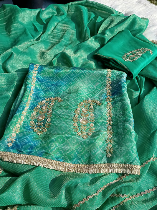 Close-up of intricate handwork on Bandhani organza suit