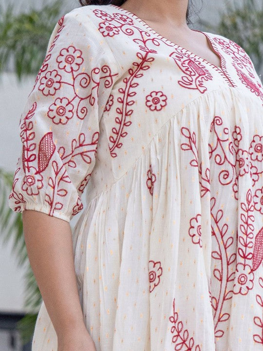Floral Embroidered Puff Sleeve Empire Dress