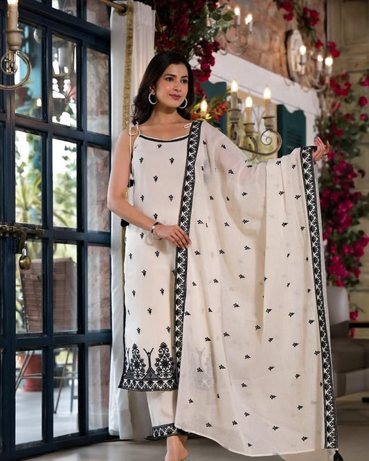 Embroidered Lucknowi cotton suit with spaghetti straps in a graceful and elegant silhouette.