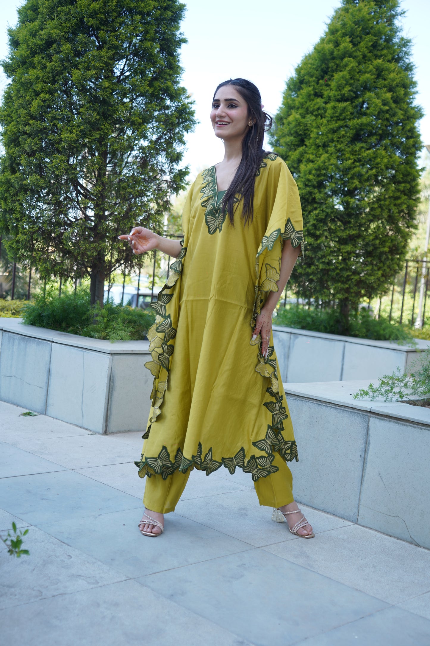 Luxe satin kaftan coord set featuring lace embellishments.