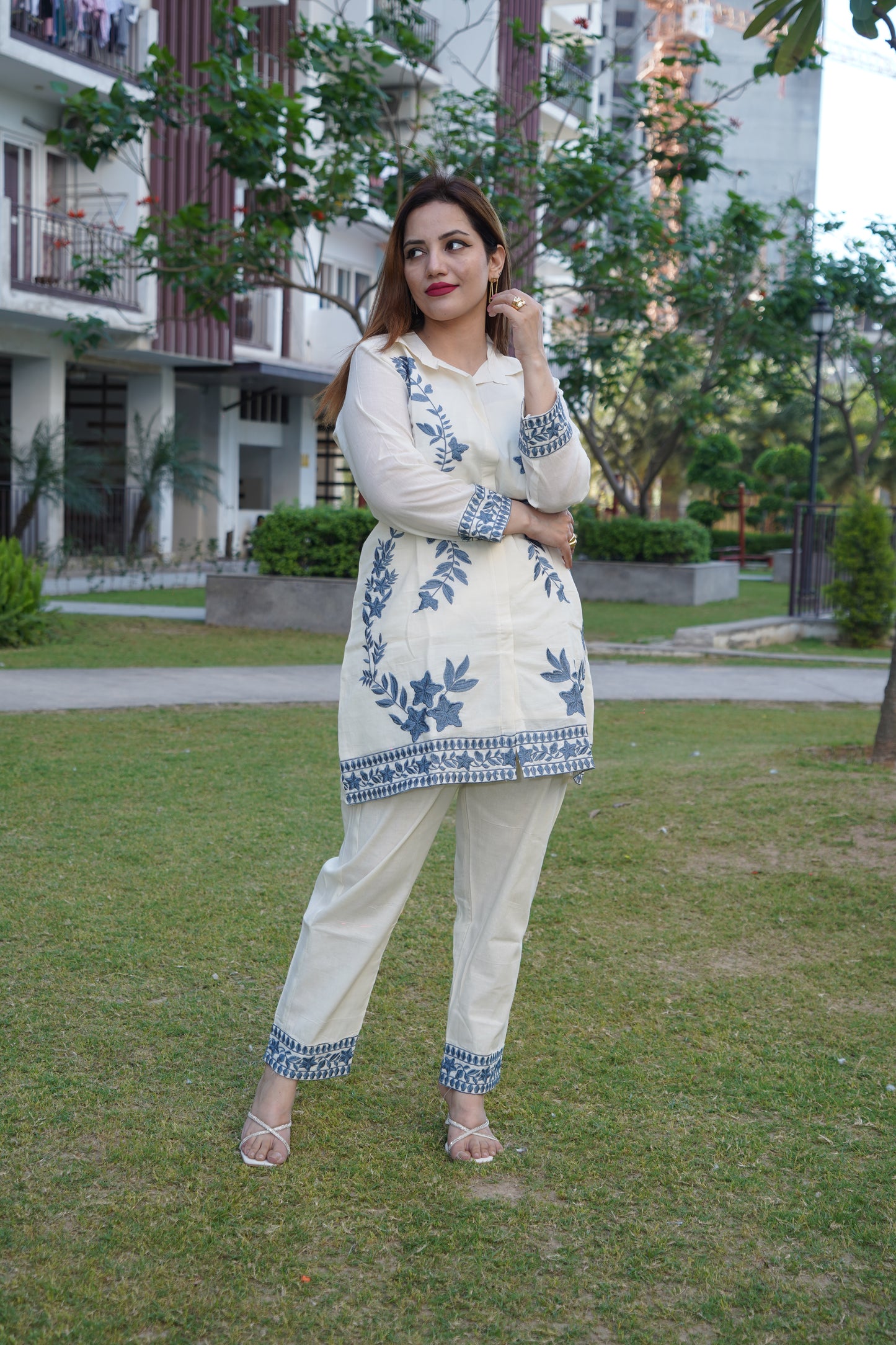 Luxury white grey cord set embellished with aari embroidery